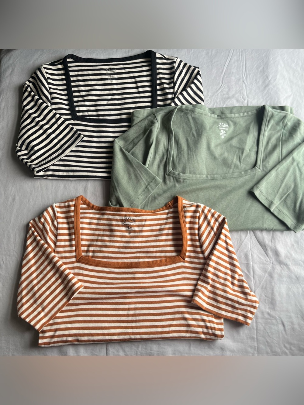 J Crew Perfect Fit Square Neck T Shirt Set 3 Elbow Sleeve Stripe Knit XL Soft